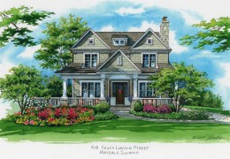 Pen-and-ink-with-watercolor-of-Hinsdale-IL-home-©-Flecke