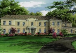 Watercolor-house-portrait-of-Frontenac-tan-brick-with-curved-portico