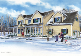 Watercolor-of-PA-home-with-XMas-snow-c-2018-Richelle-Flecke