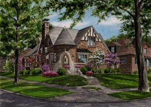 Watercolor house portrait of Tudor residence copyright 1999 Richelle Flecke