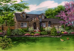 Watercolor house portrait of Alabama home with military flags