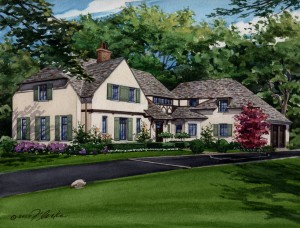 Watercolor house portrait of English Tudor in Highland Park, Illinois