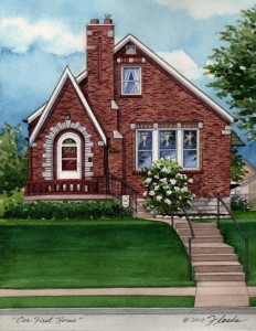 Watercolor portrait of Tudor-style home in St. Louis, Missouri