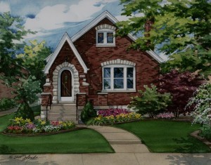 Watercolor portrait of Tudor style home in St. Louis 