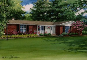 Watercolor house portrait of Ballwin brick ranch