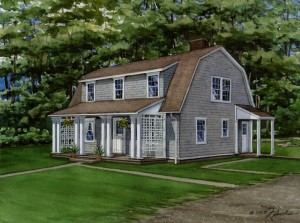 Custom watercolor portrait of Cape Cod home