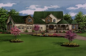 Watercolor custom house portrait of Virginia residence with green roof