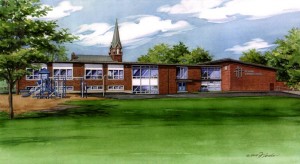 Watercolor portrait of St John's Lutheran School