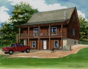 Watercolor portrait of log cabin