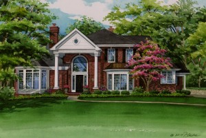 Watercolor of Ladue home created by Custom House Portraits by Richelle Flecke001