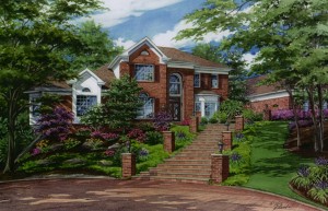 Watercolor of large brick home with sweeping steps created by Custom House Portraits by Richelle Flecke