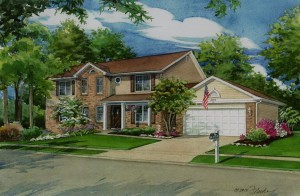 Watercolor portrait of suburban home with addition copyright 2014 Richelle Flecke