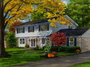 Watercolor house portrait of residence in Fall season copyright 2011 Richelle Flecke