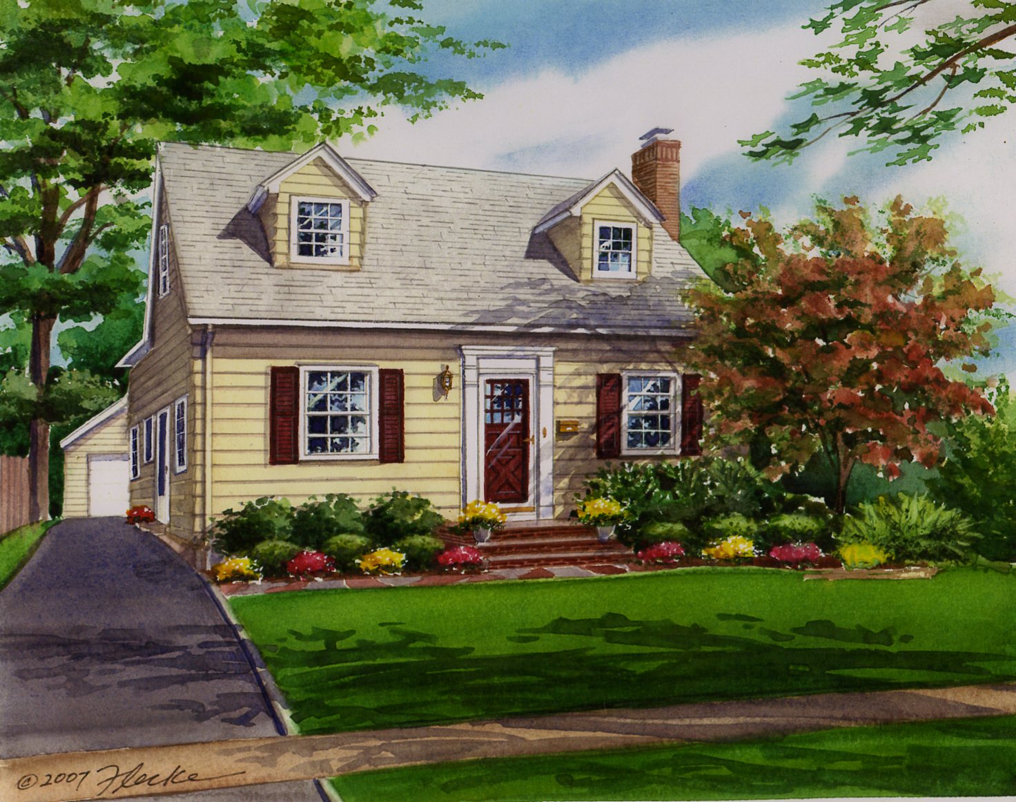 Watercolor Portrait Of Cape Cod Style Home Copyright 2003 Richelle 