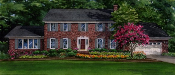 Watercolor of brick home in Colfax, North Carolina copyright 2014 Richelle Flecke