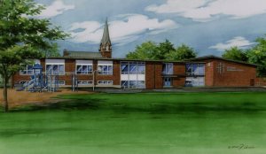 Watercolor portrait of St. john's Lutheran School in Arnold copyright 2014 Richelle Flecke