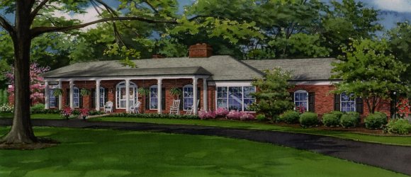 Watercolor portrait of sprawling brick ranch copyright 2014 Richelle Flecke