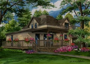 Watercolor of frame home with flowers on deck copyright 2014 Richelle Flecke