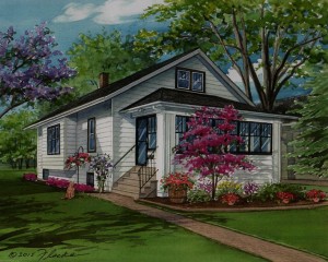 Watercolor house portrait of white frame in Illinois copyright 2015 Richelle Flecke