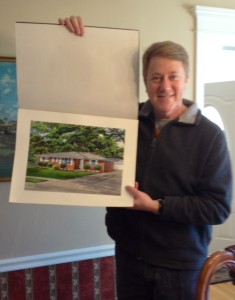 Mike Fink holding watercolor portrait