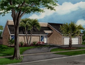 Watercolor of Florida stucco home copyright 2015 Richelle Flecke
