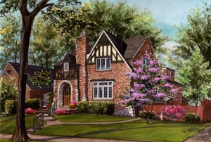 Watercolor of Tudor style home copyright 1999 Richelle Flecke