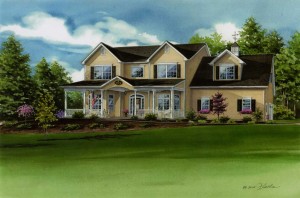 Watercolor portrait of yellow frame 2 story in Pennsylvania