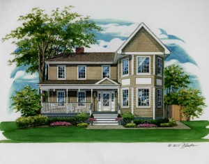 pen and Ink with watercolor of 2 story frame home in Winnetka, Illinois.