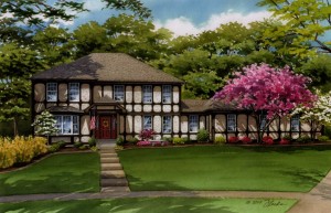 Watercolor house portrait of Tudo -style home in Chesterfield, Missouri. Copyright 2015 Richelle Flecke