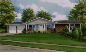 Watercolor of ranch home copyright 2015 Richelle Flecke