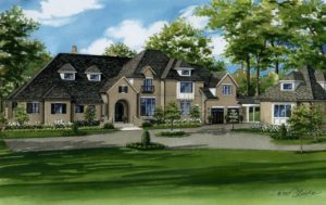 Watercolor of Ladue home (c) 2017 Richelle Flecke 