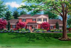 Watercolor of Oak Springs Lane home (c) 2017 Richelle Flecke 