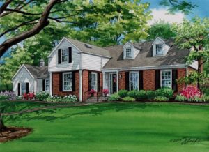 Watercolor of Ladue home (c) 2017 Richelle Flecke