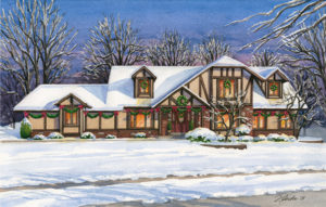 Watercolor of holiday home (c) 2018 Richelle Flecke