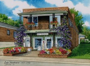 Watercolor of Dale Hardware Store (c) 2018 Richelle Flecke