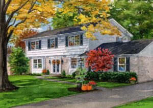 watercolor house portrait of home in fall © Richelle Flecke
