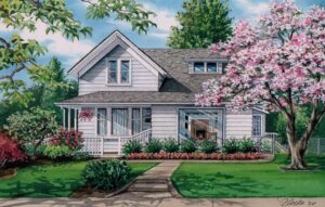 Watercolor house portrait of Forest Grove, Oregon home