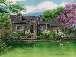 Watercolor of home with flags and cats