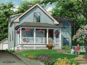 Watercolor of blue frame home