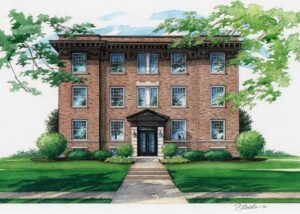 Pinterest logo in red and white.