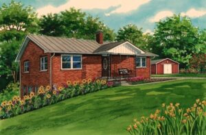 Watercolor portrait of family's beloved farmhouse