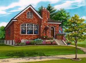 Watercolor of charming brick home