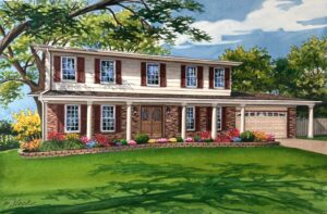 Watercolor house portrait of St. Louis Home by Richelle Flecke